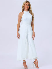 Sleeveless Halter Neck Belted Elegant Wedding Cocktail Dressy Jumpsuits