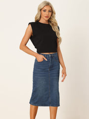Casual Denim High Waist Stretchy Midi Pencil Jean Skirt