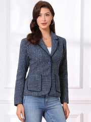 Plaid Tweed Notched Lapel Button Long Sleeve Blazer Jackets