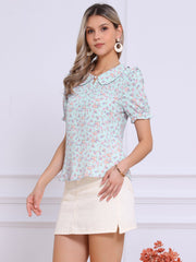 Peter Pan Collar Puff Short Sleeve Ruffle Smocked Floral Blouse