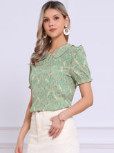 Peter Pan Collar Puff Short Sleeve Ruffle Smocked Floral Blouse