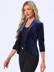 Lapel Collar Velvet Solid Office Work Open Front Blazer