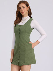 Corduroy Overall Scoop Neck Sleeveless Button Pinefore Dress