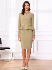 2 Piece Collarless Long Sleeve Peplum Blazer and Pencil Skirt Work Suit Set