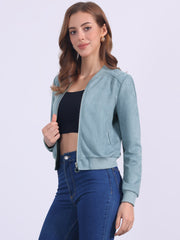 Faux Suede Crop Stand Collar Zip Up Biker Moto Bomber Jackets