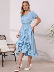 Renaissance Costume Smocked Waist Ruffle Midi Victorian Dress