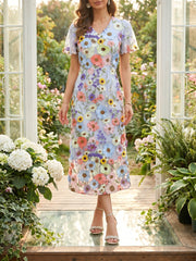 Flower Embroidered Puff Sleeves Midi Sheath Dress