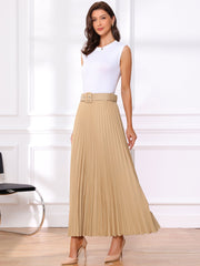 Flowy Pleated Elastic High Waist Belted Swing A-line Maxi Skirt