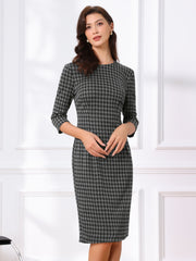Houndstooth 3/4 Sleeve Elegant Cinched Waist Sheath Dress