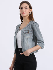 Denim Collarless Pockets 3/4 Sleeve Feminine Style Jacket