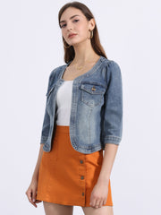 Denim Collarless Pockets 3/4 Sleeve Feminine Style Jacket
