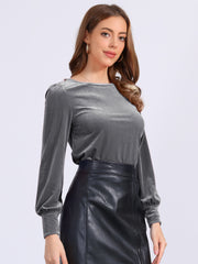 Velvet Round Neck Puff Long Sleeve Casual Pullover Blouse