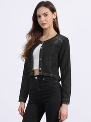 Denim Collarless Long Sleeve Button Down Crop Jean Jacket