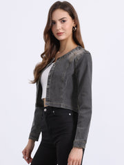 Denim Collarless Long Sleeve Button Down Crop Jean Jacket