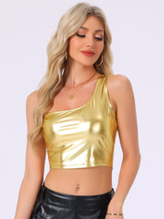 Metallic Cropped Top One Shoulder Party Blouse
