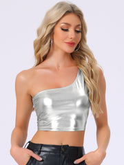 Metallic Cropped Top One Shoulder Party Blouse