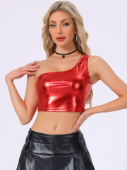 Metallic Cropped Top One Shoulder Party Blouse