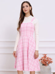 Tweed Plaid Sleeveless Pockets A-Line Pinafore Overall Dress