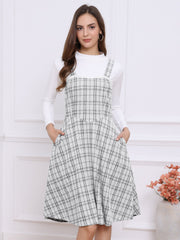 Tweed Plaid Sleeveless Pockets A-Line Pinafore Overall Dress