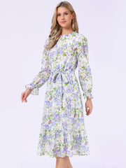 Floral Long Sleeve Belted Flowy Chiffon Midi Dress