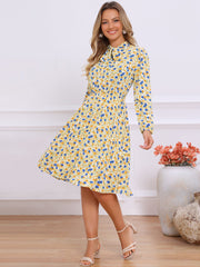 Tie Neck Chiffon Long Sleeve Belted Vintage Floral Dress