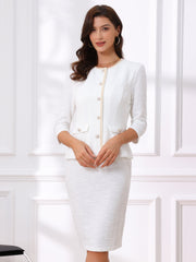 2 Pieces Tweed Button Down 3/4 Sleeves Jacket & Midi Pencil Skirt Set