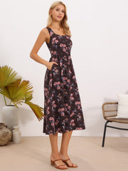 Square Neck Pockets Sleeveless Floral Midi Dress