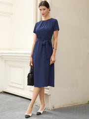 Work Casual Short Sleeve Ruched Crew Neck A-Line Belted Dress