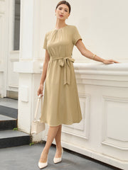 Work Casual Short Sleeve Ruched Crew Neck A-Line Belted Dress