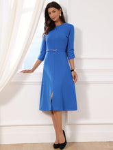 Work Keyhole Neck 3/4 Sleeve Belted Office A-Line Dress
