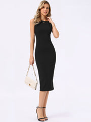 Boat Neck Sleeveless Fitted Slit Midi Sheath Dress