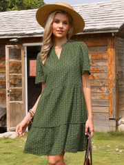 Eyelet Short Sleeve Notch Neck Tiered Vacation Mini Dress
