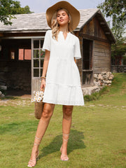 Eyelet Short Sleeve Notch Neck Tiered Vacation Mini Dress