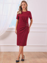 Short Sleeve Crew Neck Midi Sheath Work Dress