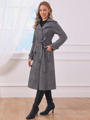 Faux Suede Notched Lapel Double Breasted Belted Long Sleeve Trench Coat