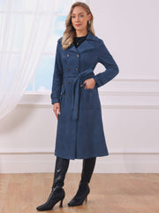 Faux Suede Notched Lapel Double Breasted Belted Long Sleeve Trench Coat