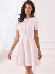 Tweed Button Decor Round Neck Short Sleeve A-Line Mini Dress