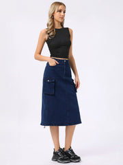 Midi Skirt Flap Pocket Back Slit Drawstring Cargo Skirt