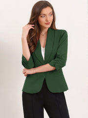 Shawl Lapel Ruched 3/4 Sleeves Pocketed Single Button Office Blazer