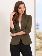 Shawl Lapel Ruched 3/4 Sleeves Pocketed Single Button Office Blazer