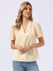 Short Sleeve Casual Cherry Print Notched Lapel Collar Shirt Blouse