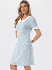 Tweed Peter Pan Collar Puff Short Sleeve A-line Midi Dress