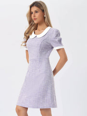 Tweed Peter Pan Collar Puff Short Sleeve A-line Midi Dress