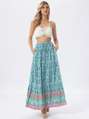 Boho Casual Bohemian Floral Printed Elastic Waist Maxi Skirt
