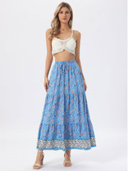 Boho Casual Bohemian Floral Printed Elastic Waist Maxi Skirt