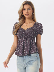 Puff Short Sleeve Floral Shirred Ruffle Peplum Blouse