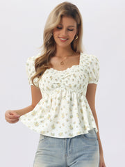 Puff Short Sleeve Floral Shirred Ruffle Peplum Blouse
