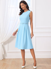 Work Sleeveless Crew Neck Belted A-Line Office Dress