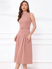 Work Sleeveless Crew Neck Belted A-Line Office Dress