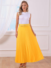 Flowy Pleated Elastic High Waist Belted Swing A-line Maxi Skirt